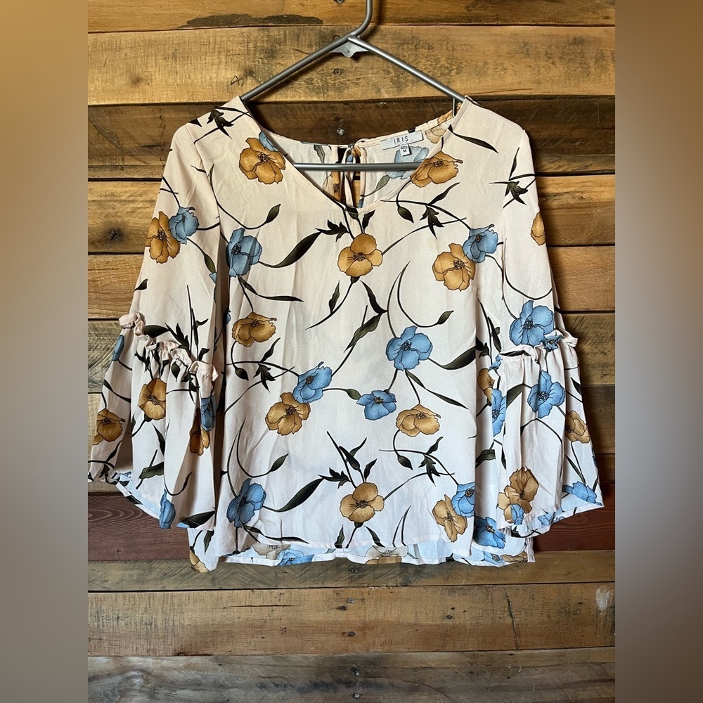 Iris Floral Bell Sleeve Blouse - Blue and Yellow